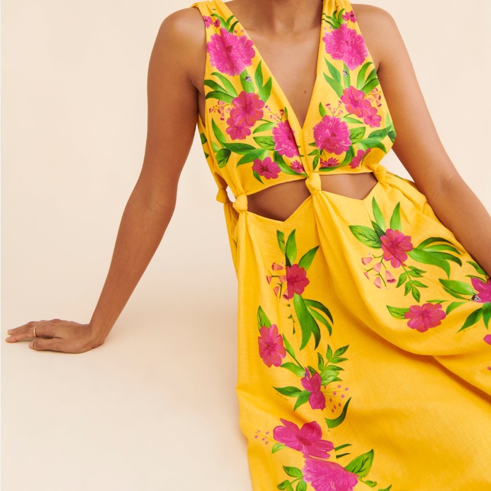 Farm Rio Romantic Garden Yellow Pink Plunge Midi Dress Size M - Picture 3 of 16